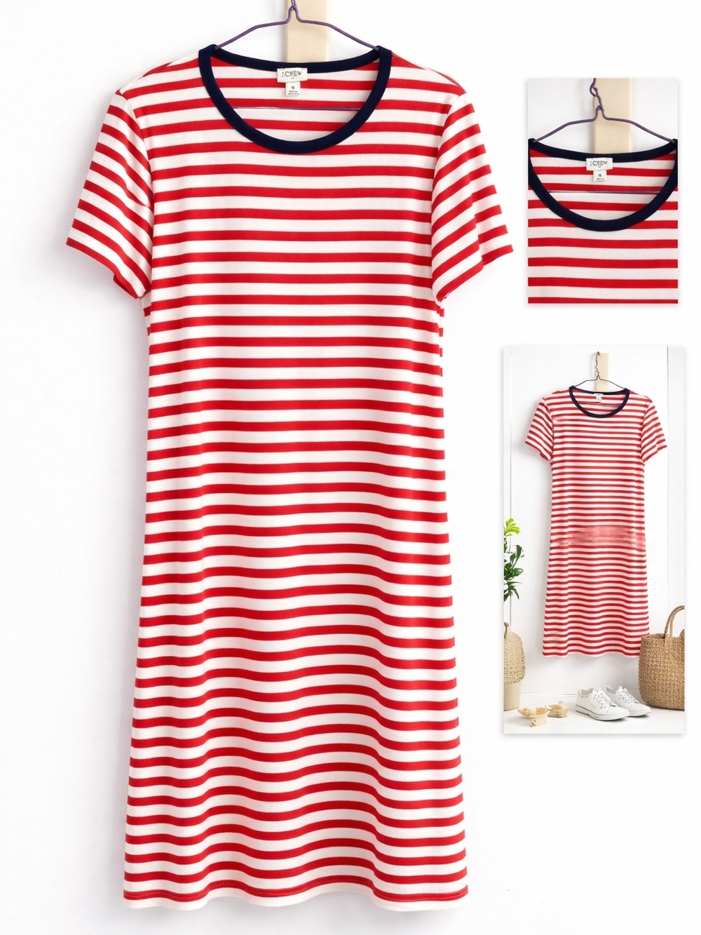 J. Crew Red and White Striped Tee Dress with Navy Trim